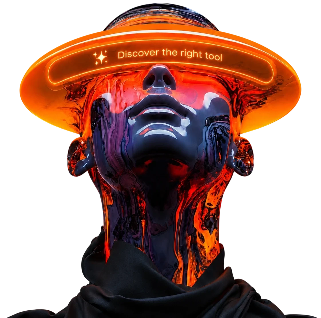 Sculptural figure wearing a glowing halo that reads “Discover the right tool” — the VibeToYou directory artwork